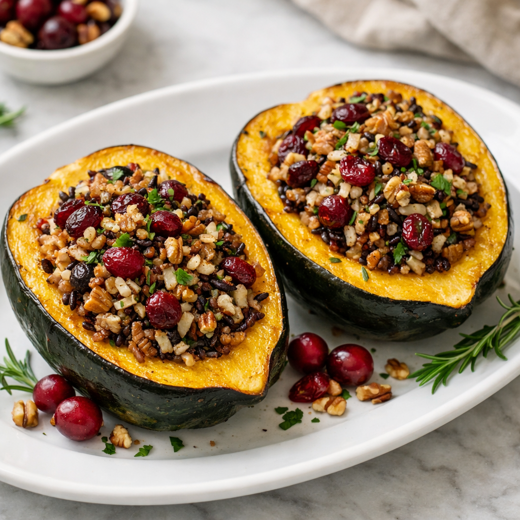 Stuffed acorn squash with wild rice, cranberries, and pecans on a platter.