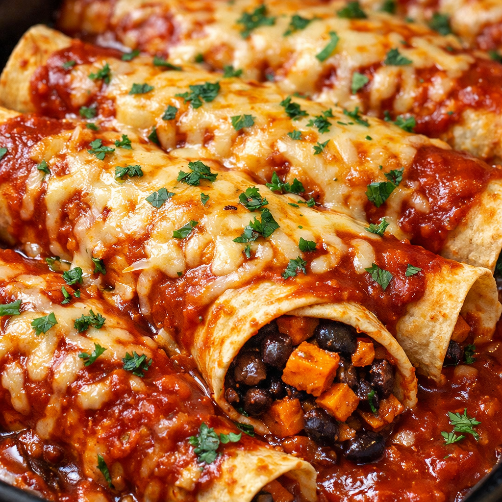 Delicious sweet potato and black bean enchiladas topped with melted cheese and fresh cilantro