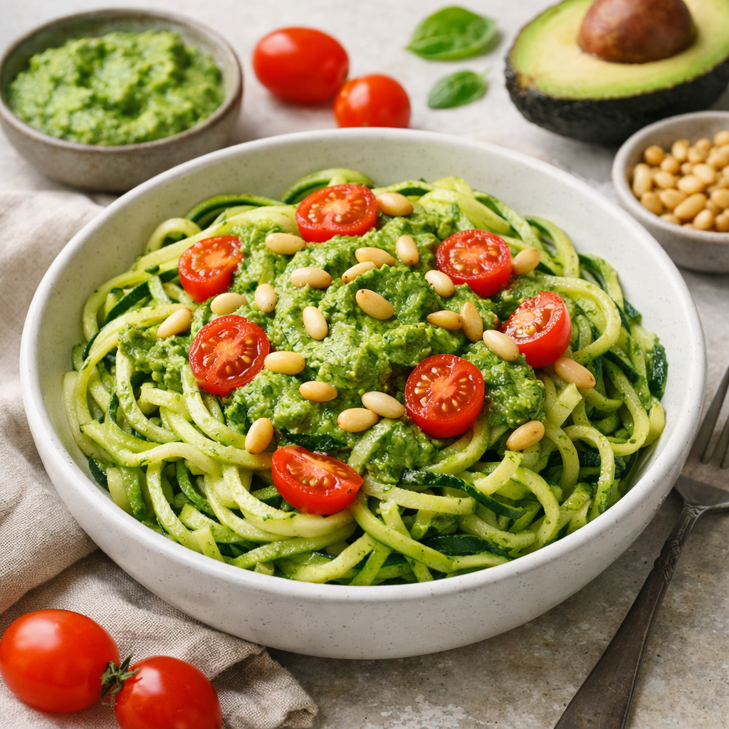 A bowl of zucchini noodles topped with green avocado pesto, cherry tomatoes, and pine nuts, arranged beautifully on a countertop