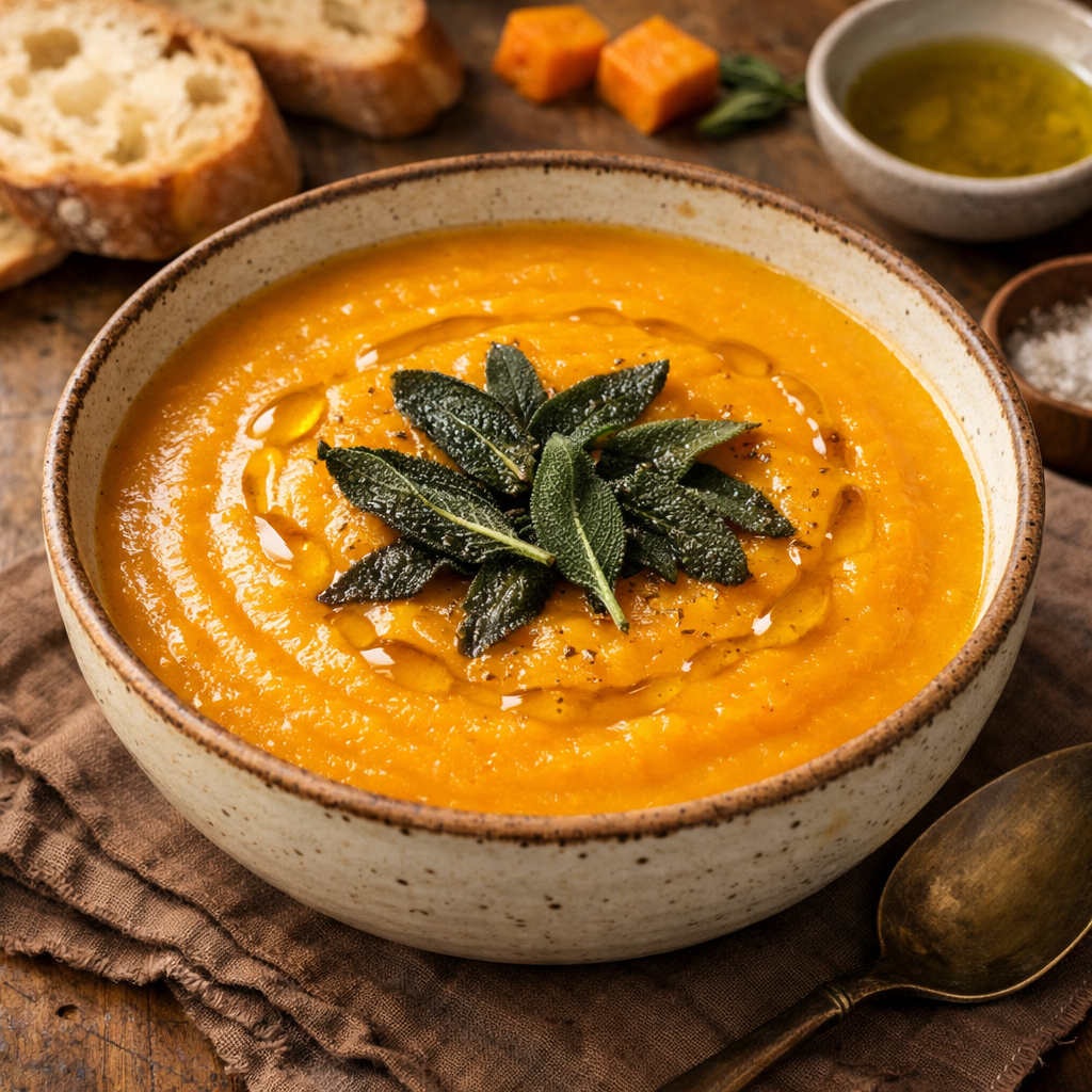 Bowl of butternut squash soup garnished with sage leaves and a slice of bread