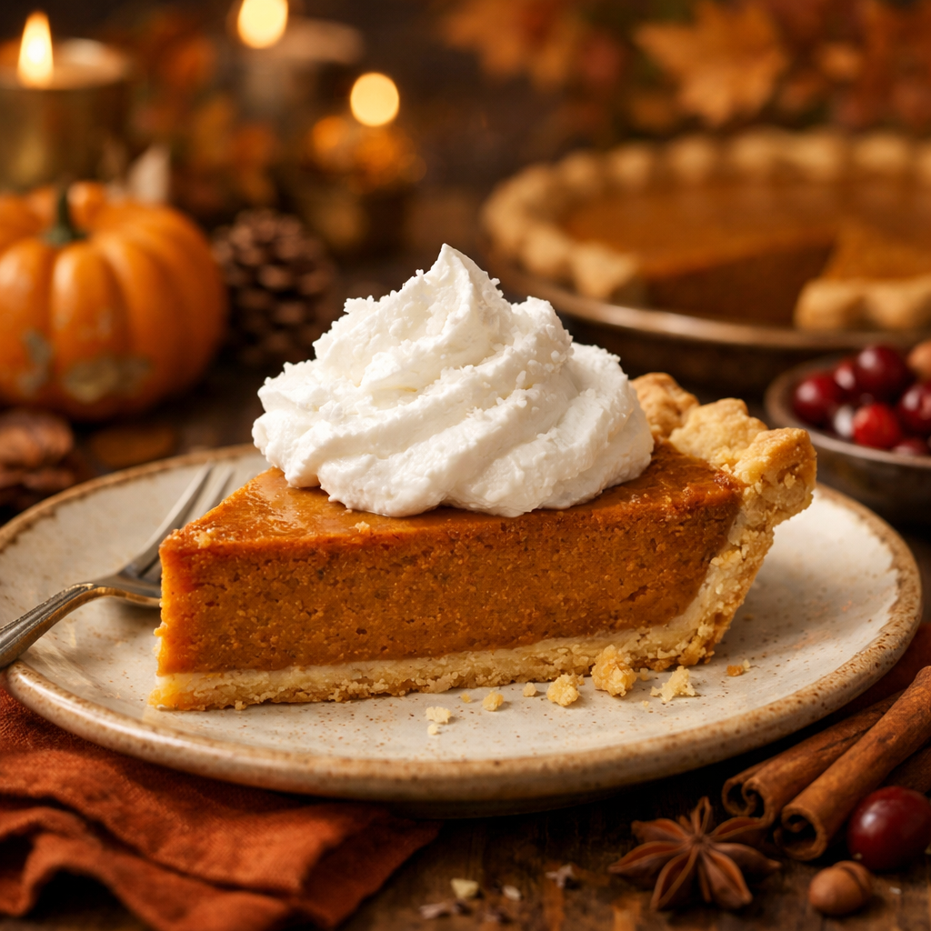 A slice of pumpkin pie topped with coconut whipped cream, with autumn decorations in the background.