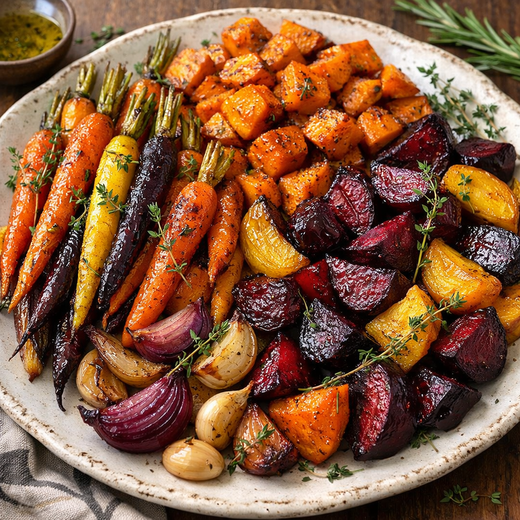 A vibrant plate of roasted vegetables including carrots, beets, and squash, garnished with herbs.