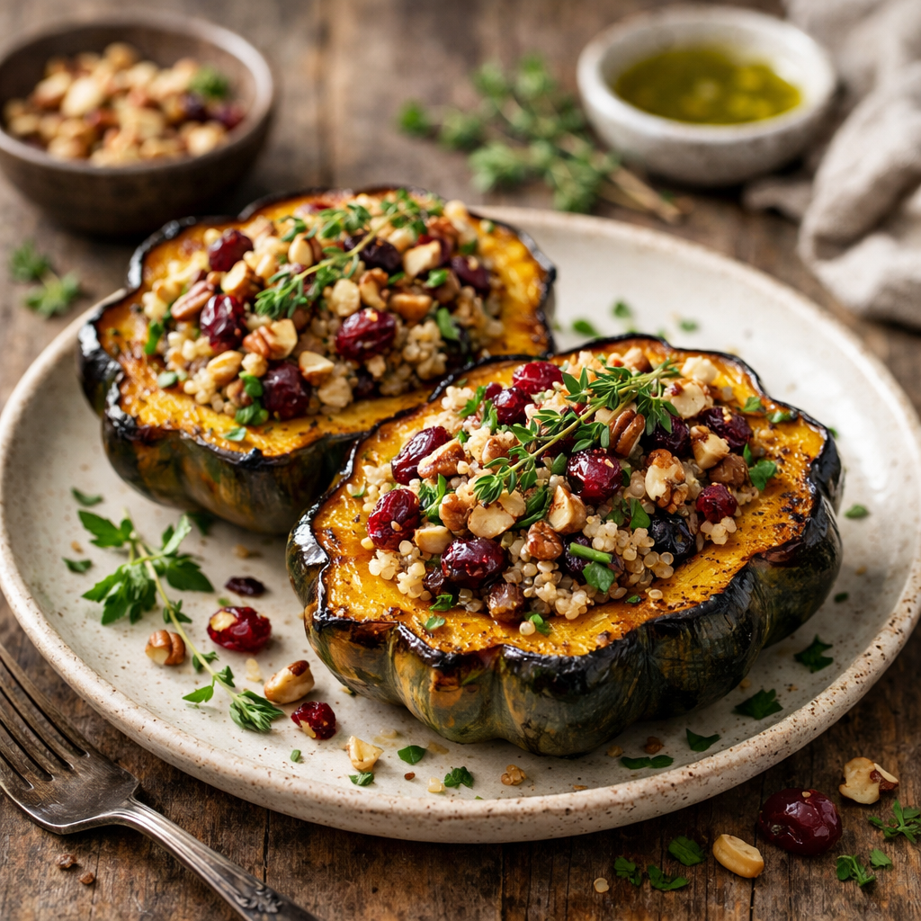 Stuffed acorn squash filled with quinoa, nuts, and cranberries on a plate.