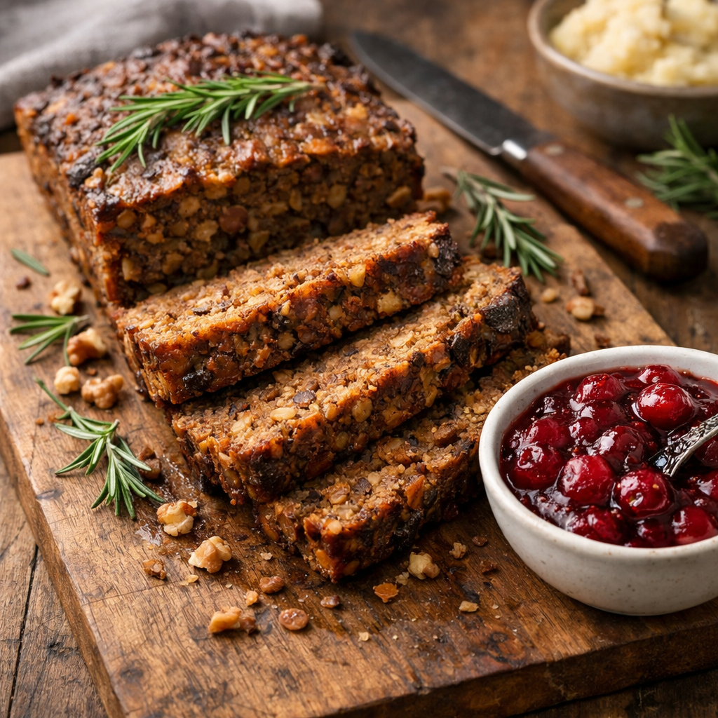 A beautifully presented spiced lentil and walnut loaf sliced and served with cranberry sauce.