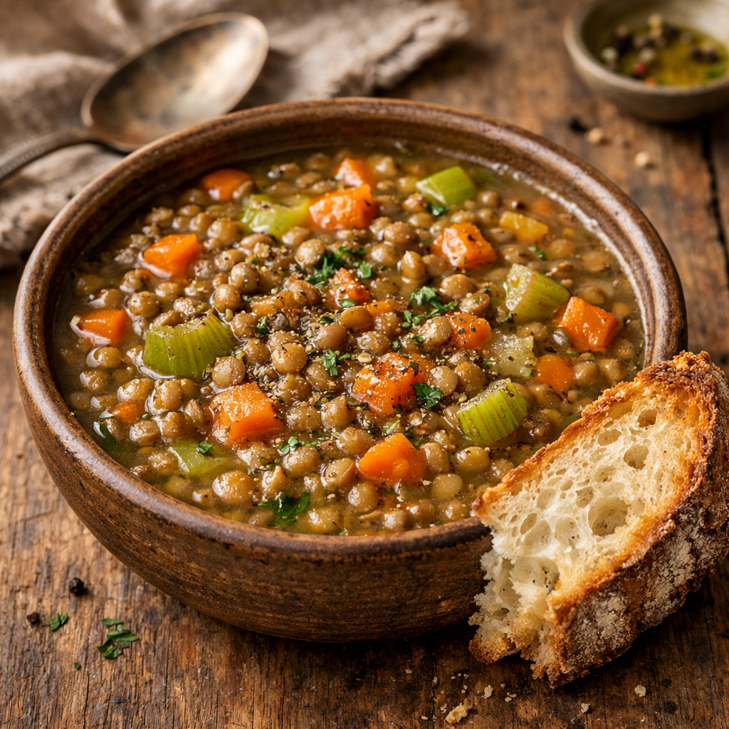 A bowl of lentil soup with carrots and celery, garnished with parsley, and served with a slice of crusty bread.