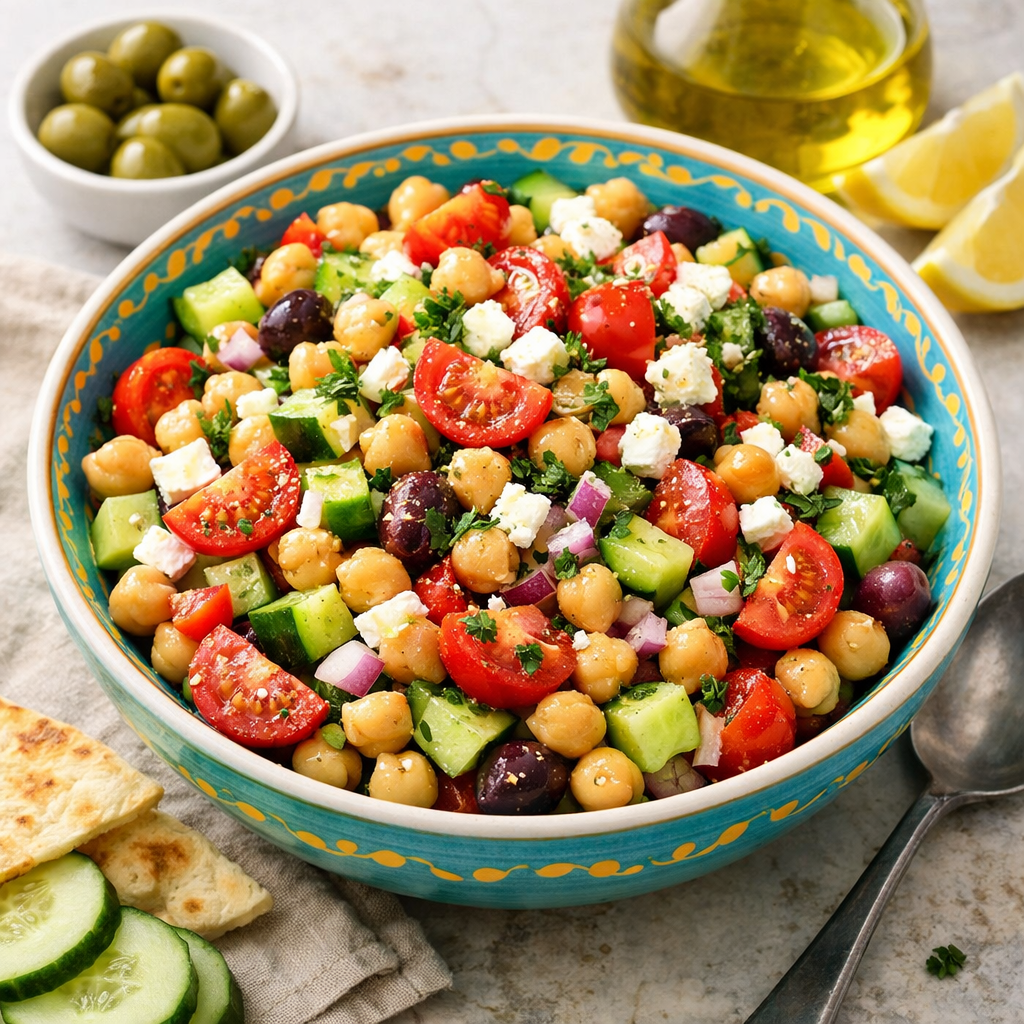 A vibrant Mediterranean chickpea salad in a bowl, featuring chickpeas, tomatoes, cucumbers, and feta cheese.