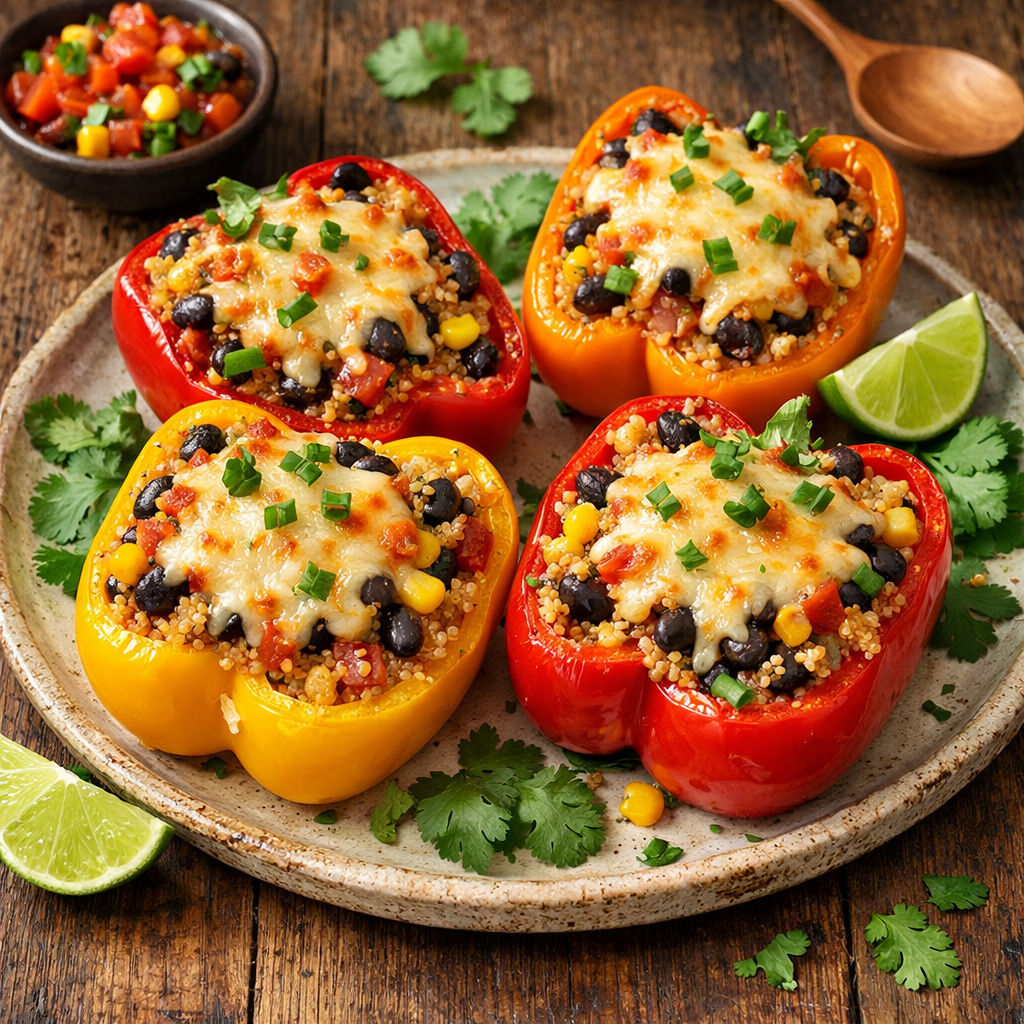 Stuffed bell peppers with quinoa, black beans, corn, and cheese, garnished with cilantro.