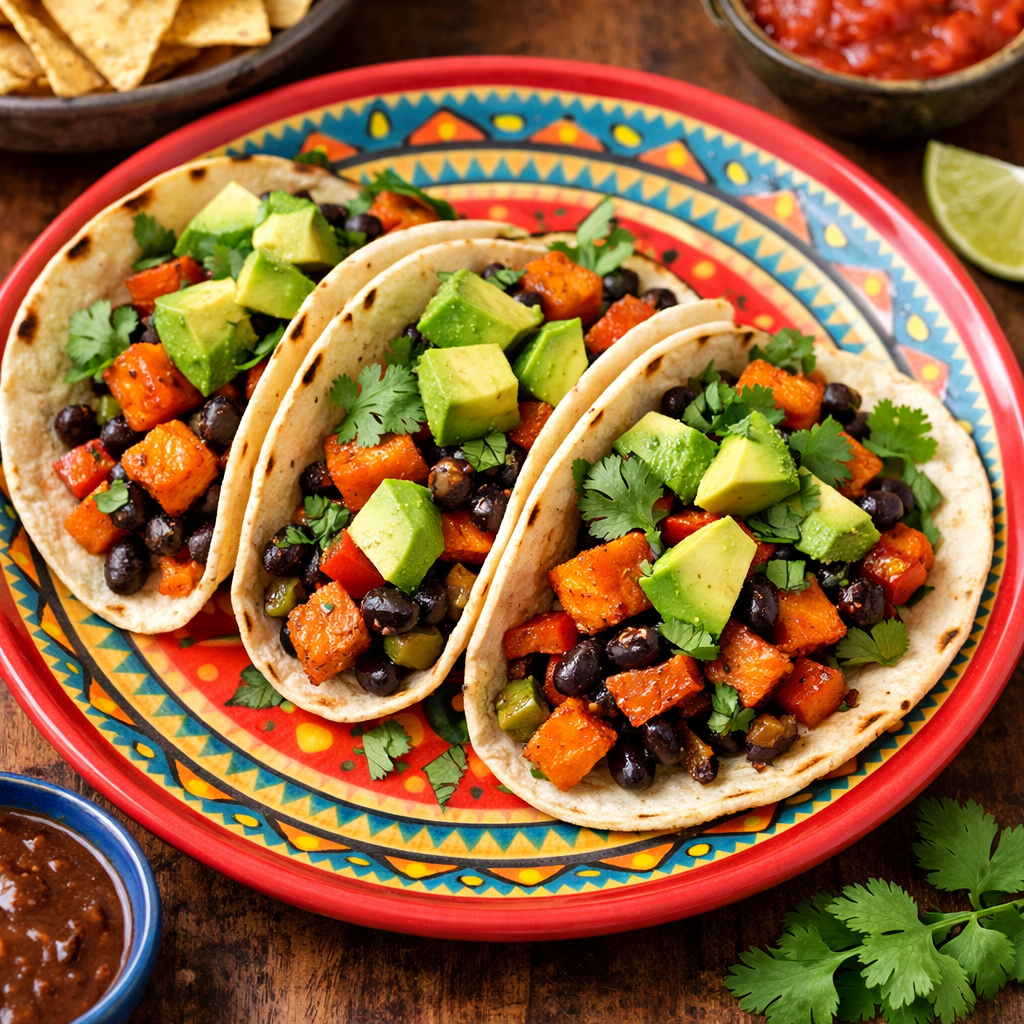 Delicious sweet potato and black bean tacos on a colorful plate, topped with avocado and cilantro