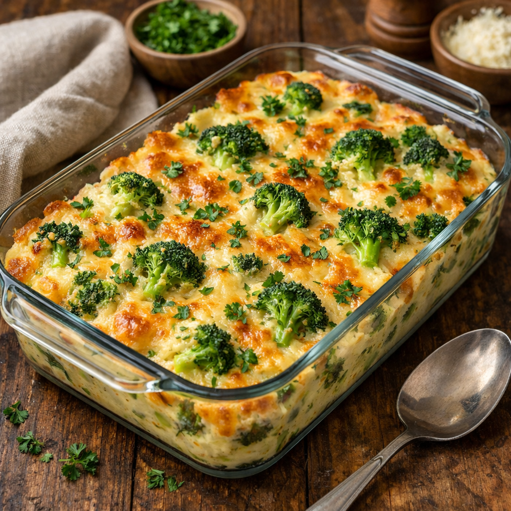 Broccoli and Cheese Casserole in a glass baking dish, topped with fresh parsley