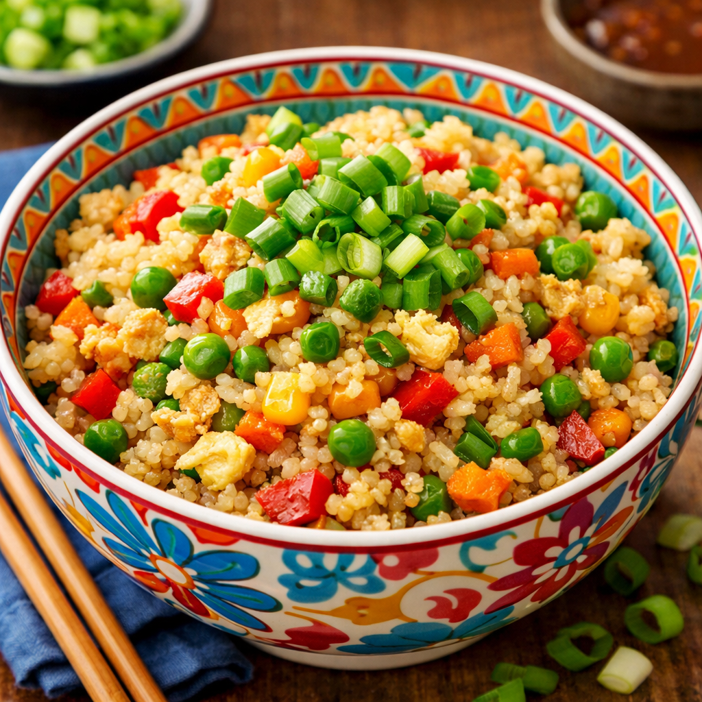 A colorful bowl of cauliflower fried rice with mixed vegetables and green onions on top.