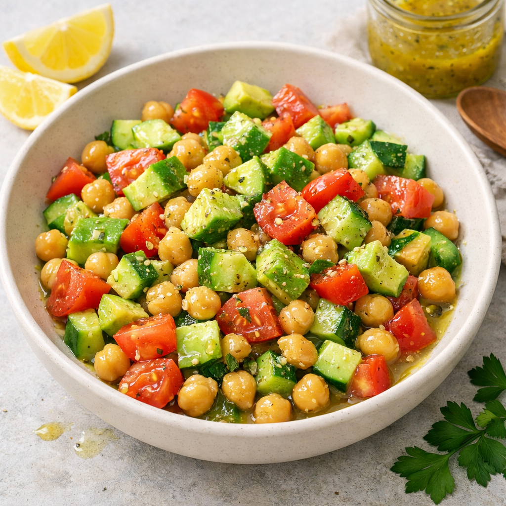 A bowl of colorful chickpea and avocado salad with tomatoes and cucumbers.