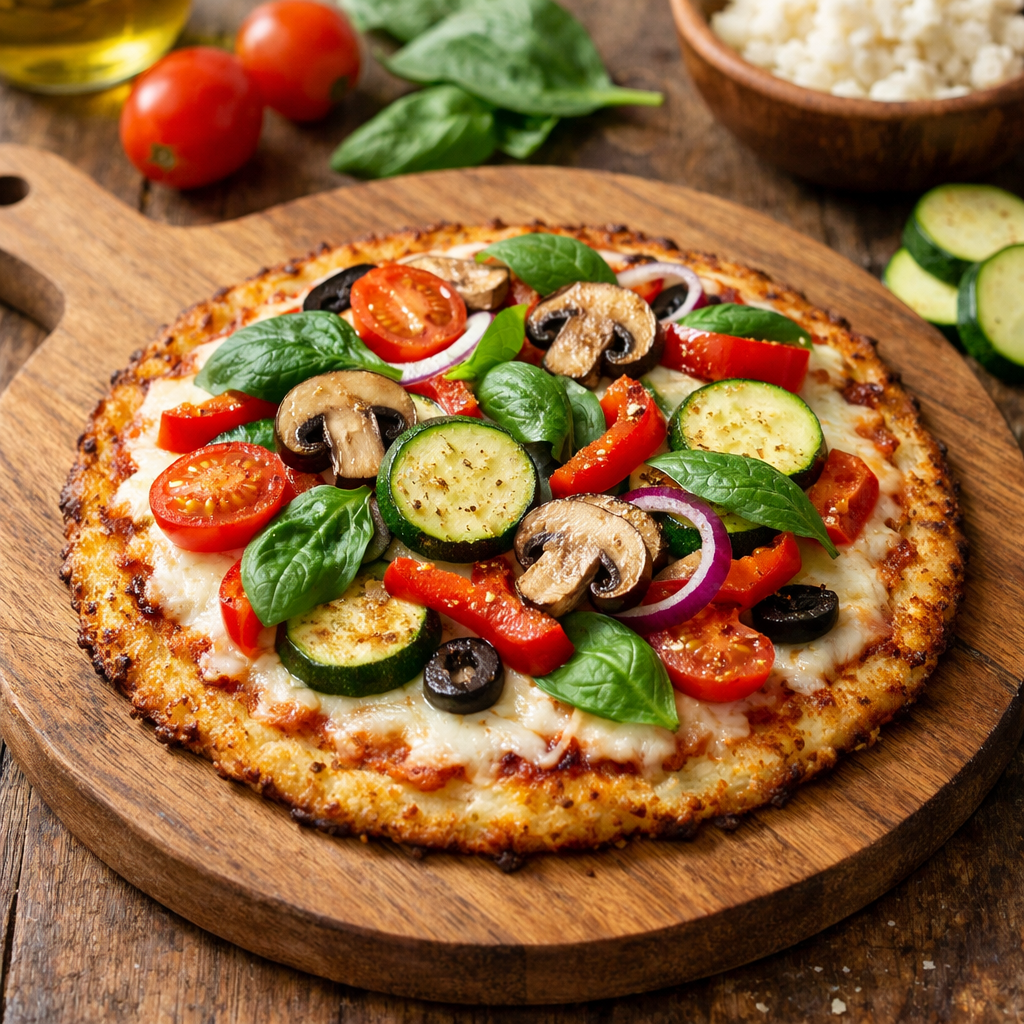A delicious keto cauliflower pizza topped with fresh vegetables, cheese, and herbs