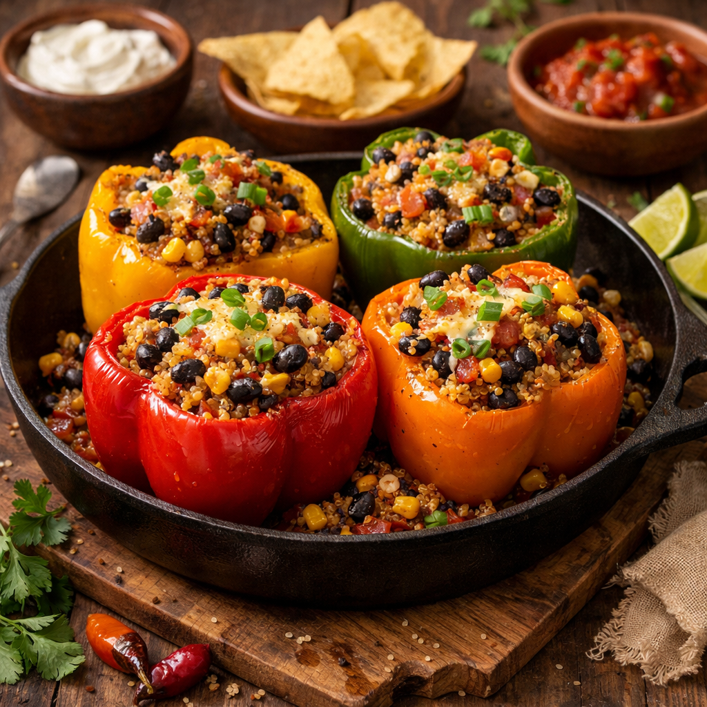 Stuffed bell peppers with quinoa and black beans, served with side dips.