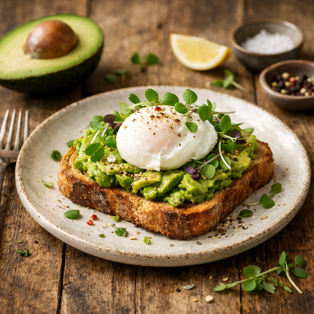 A plate of avocado toast topped with a poached egg and garnished with fresh herbs, alongside an avocado half and seasonings.