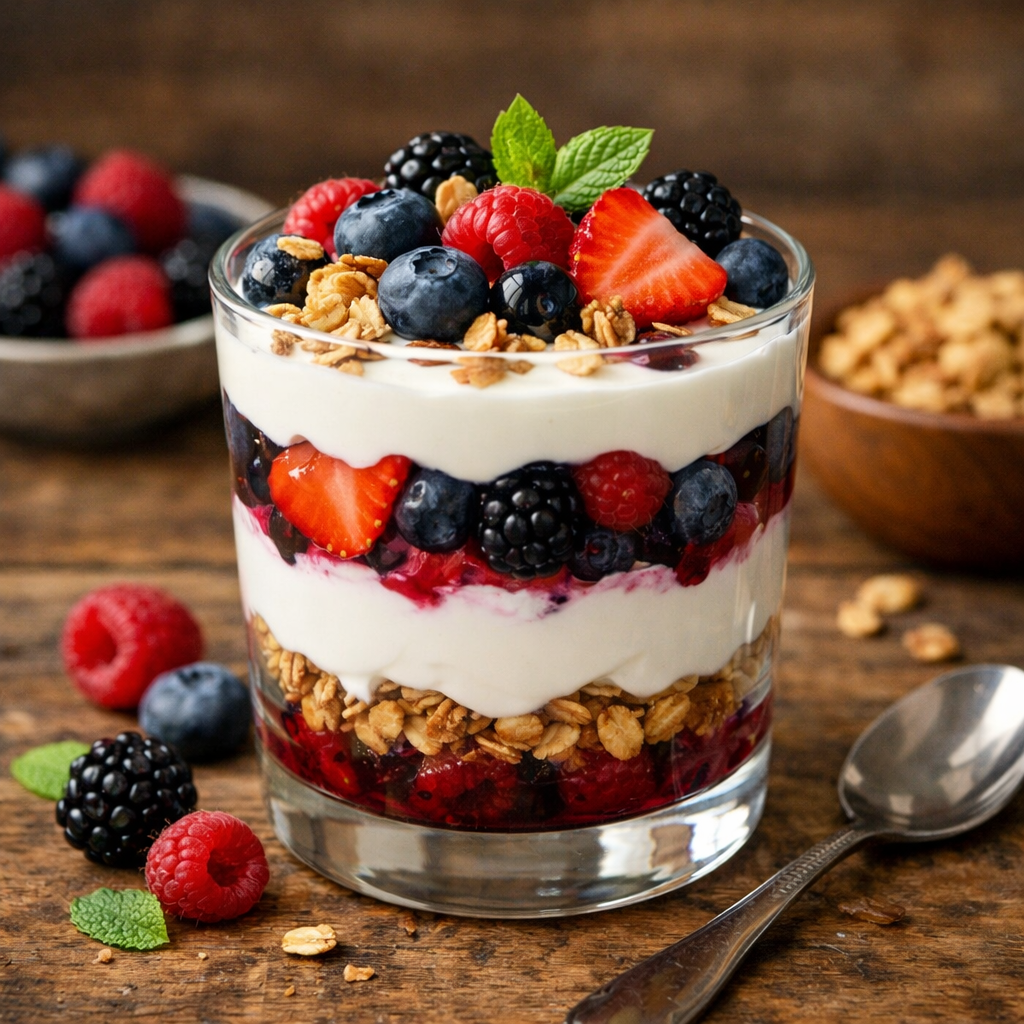 A colorful berry and yogurt parfait layered in a glass, with granola, fresh berries, and a sprig of mint on top.