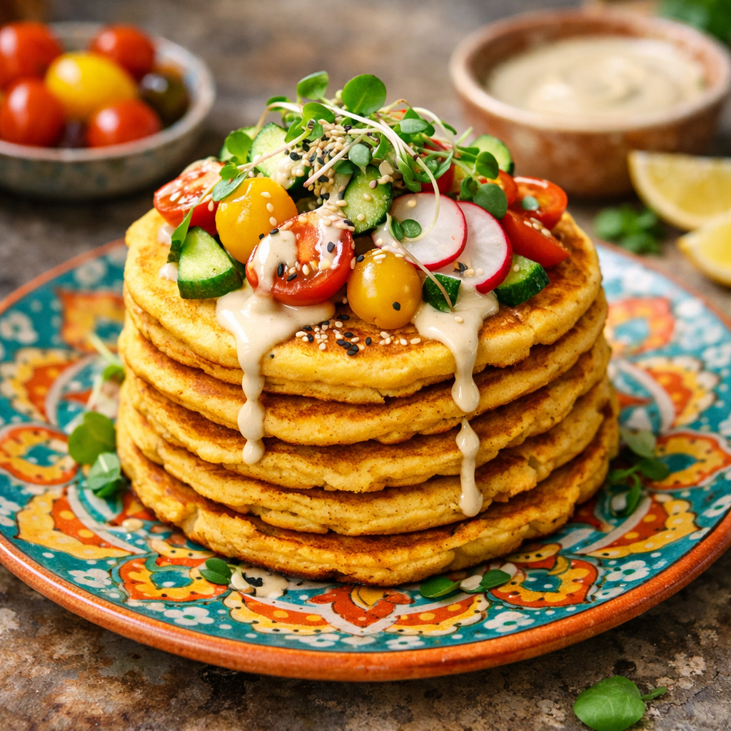 A colorful stack of chickpea flour pancakes topped with vegetables and tahini, served on a decorative plate.