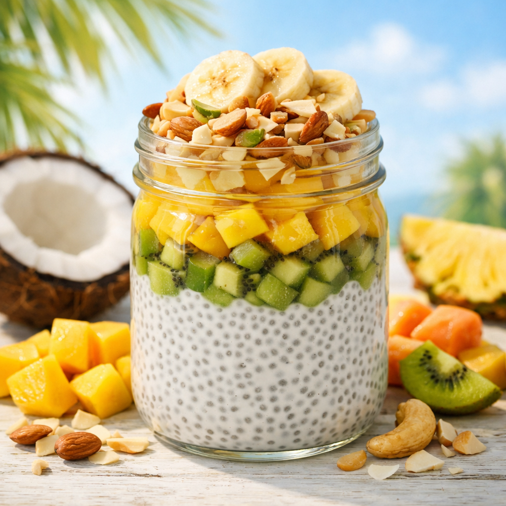 A jar of coconut chia seed pudding layered with fruits and nuts.