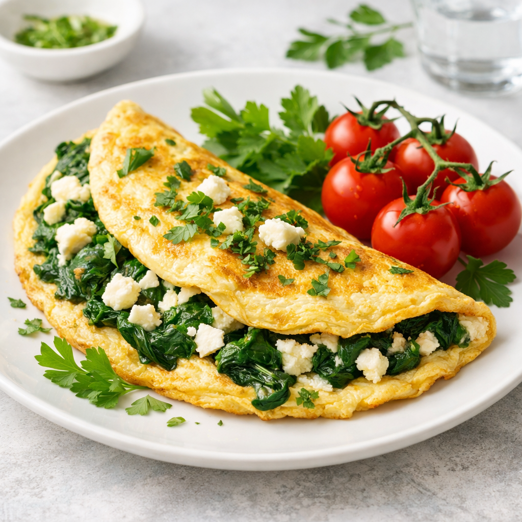 A plate with a savory spinach and feta omelette, garnished with parsley and accompanied by cherry tomatoes.