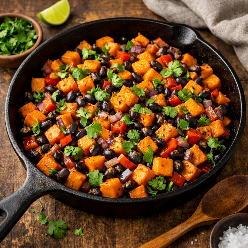 A skillet filled with sweet potato hash topped with black beans, red bell pepper, and fresh cilantro