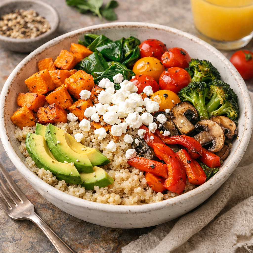 A vibrant Vegetable Quinoa Breakfast Bowl with roasted vegetables, quinoa, and avocado slices.