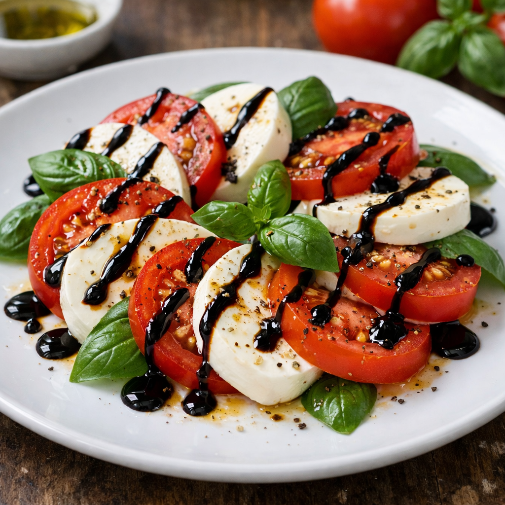 A beautifully arranged Caprese salad featuring slices of tomato, mozzarella, and fresh basil, drizzled with balsamic reduction.