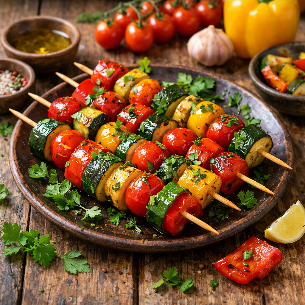 Grilled vegetable skewers on a plate with colorful vegetables and herbs.