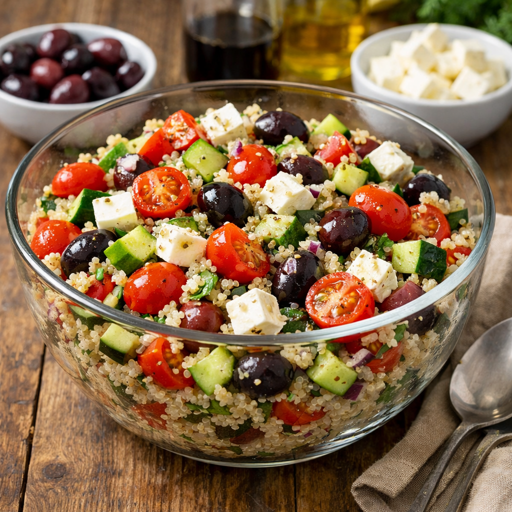 A vibrant Mediterranean quinoa salad with tomatoes, cucumbers, olives, and feta cheese in a glass bowl.