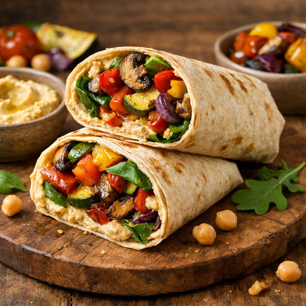 Roasted Vegetable and Hummus Wraps with colorful vegetables and creamy hummus