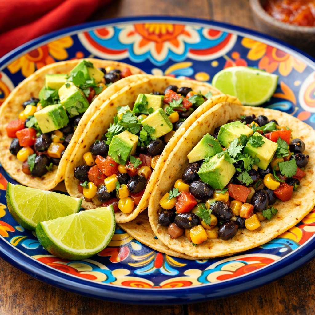 Colorful spicy corn and black bean tacos served on a vibrant plate, garnished with avocado and lime.