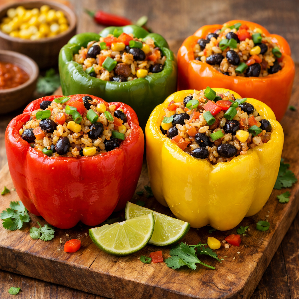 Colorful stuffed bell peppers filled with rice, beans, and corn on a wooden surface.