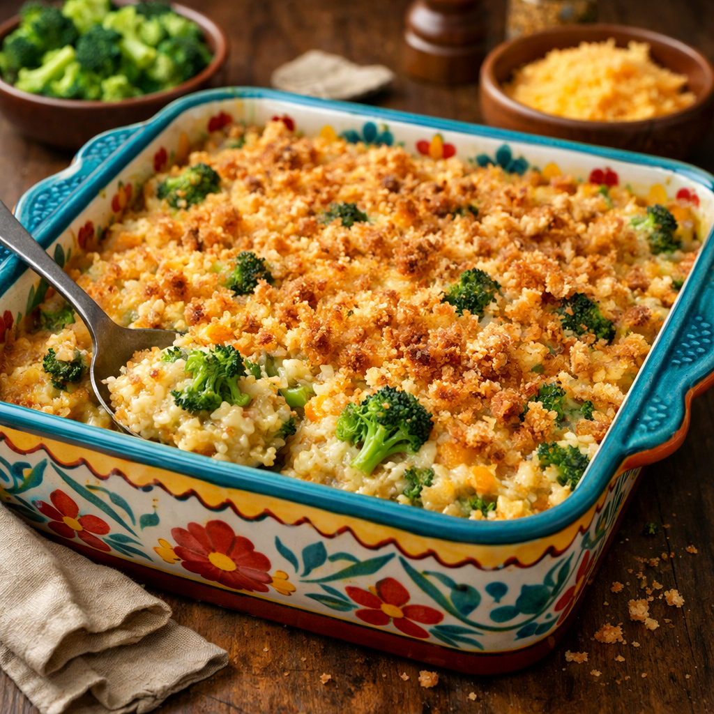 A colorful Broccoli and Cheddar Rice Casserole topped with breadcrumbs, served in a decorative dish.