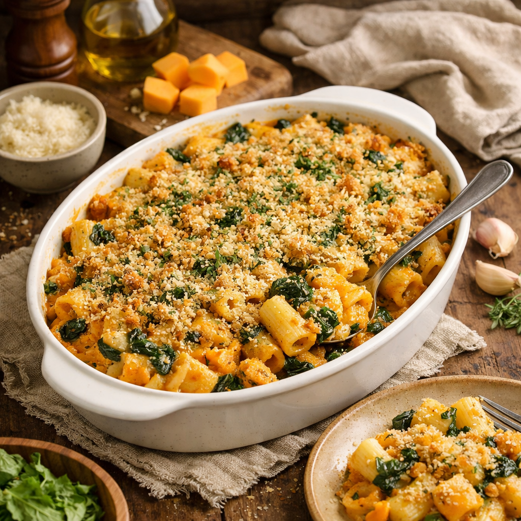A delicious butternut squash and spinach pasta bake, topped with breadcrumbs and cheese.