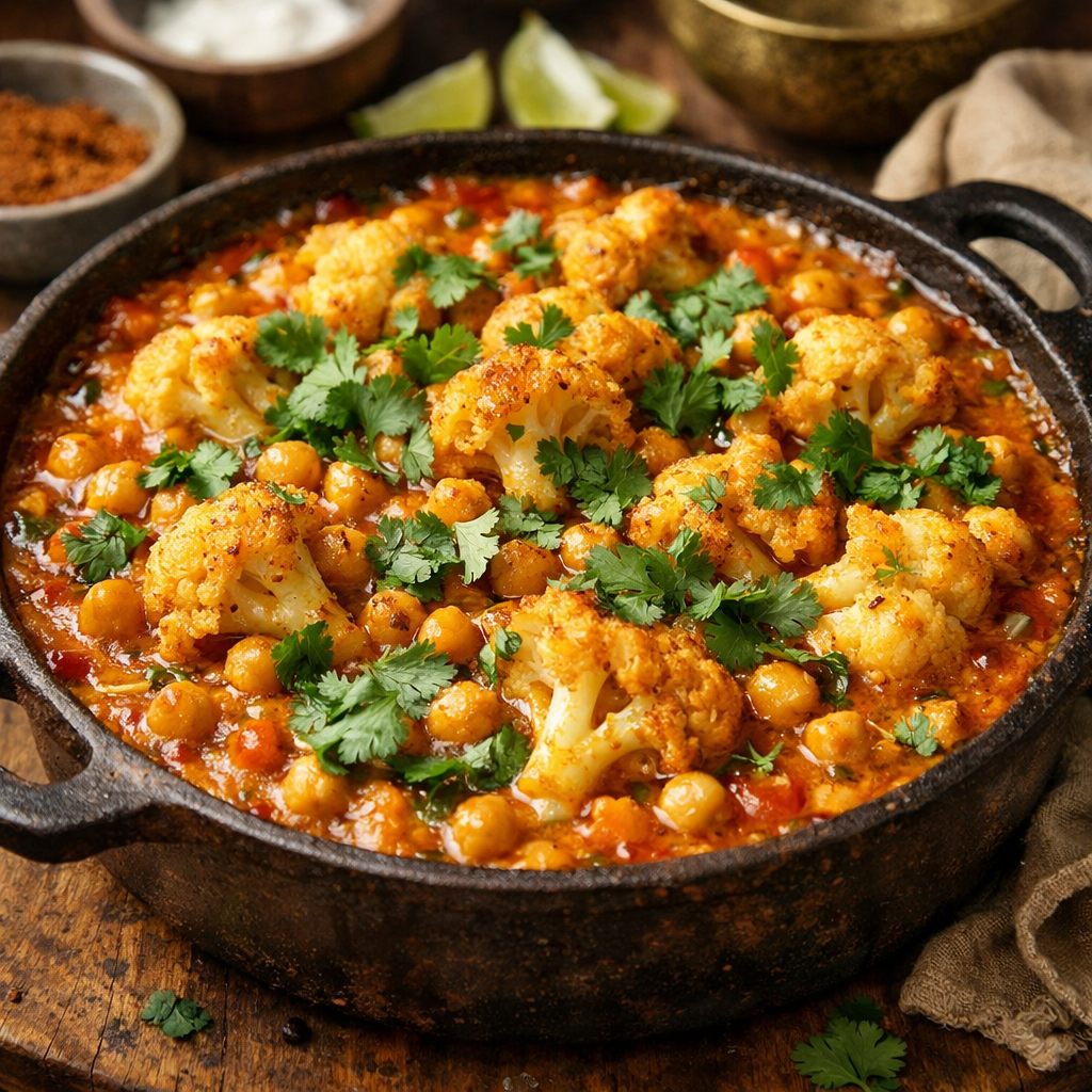 A delicious cauliflower and chickpea curry bake topped with fresh cilantro.