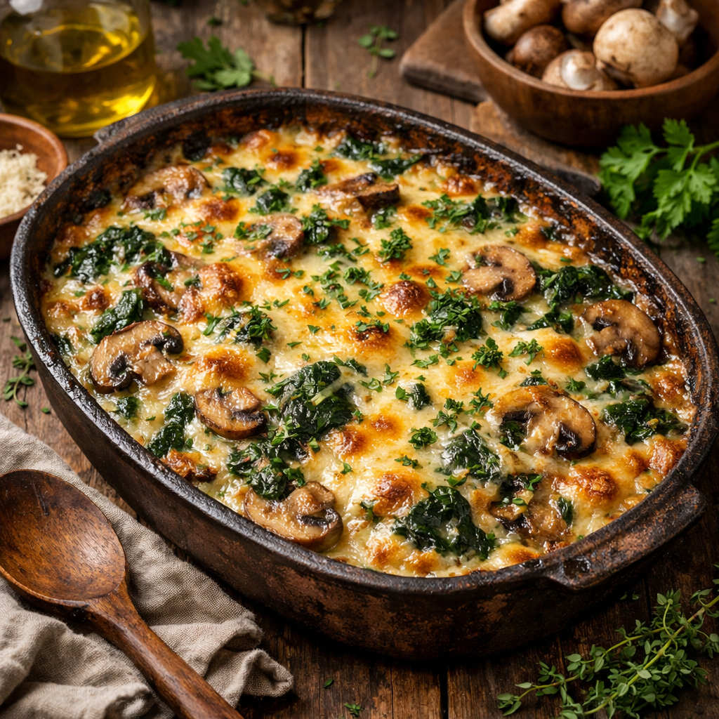 Cheesy Spinach and Mushroom Casserole in a baking dish with a wooden spoon and mushrooms on the side