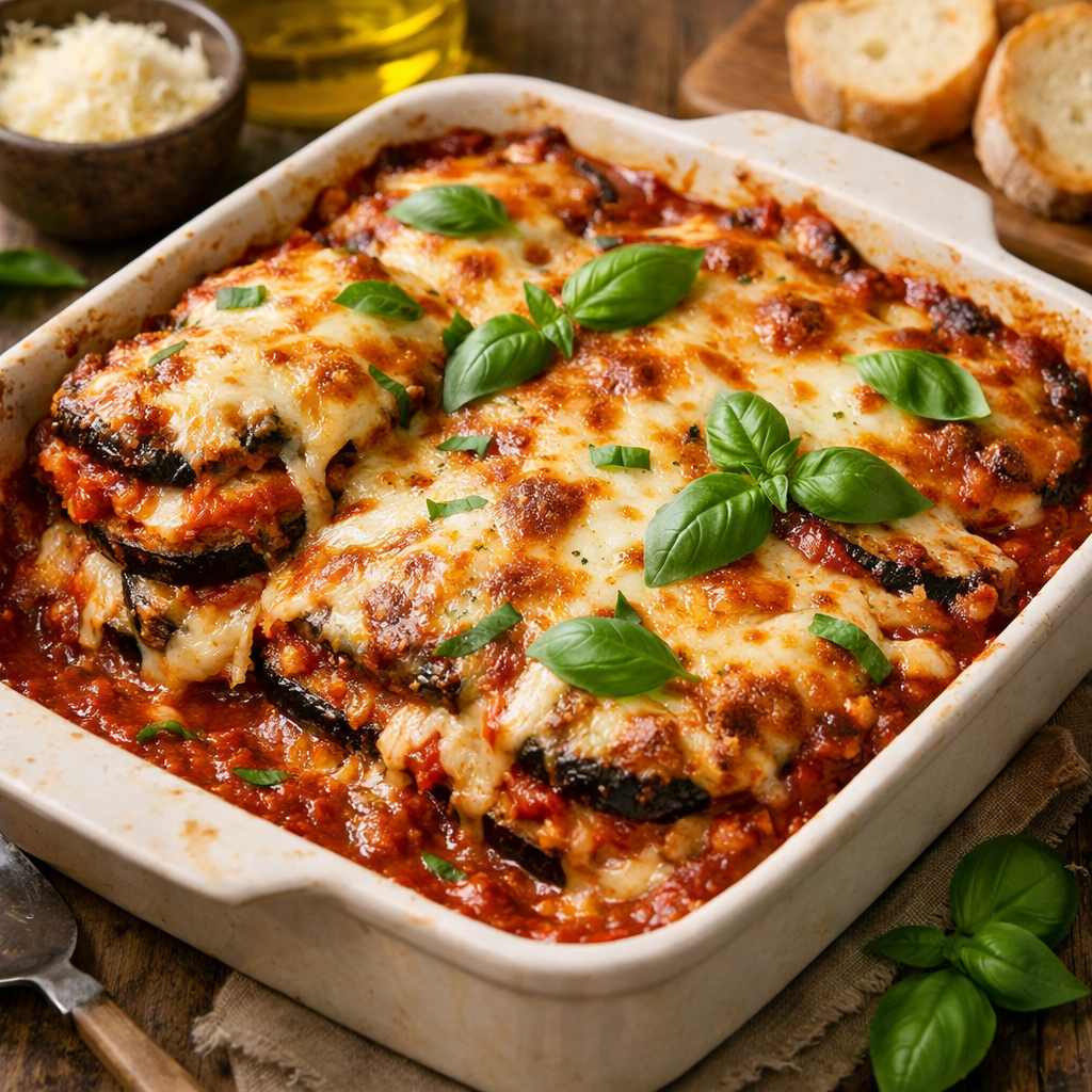 Delicious Eggplant Parmesan Bake with melted cheese and fresh basil