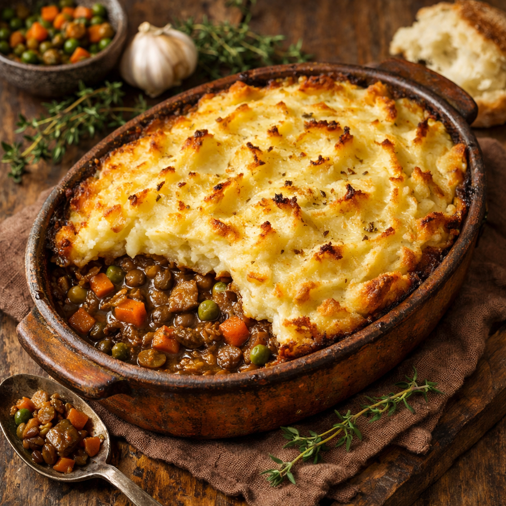 A rustic lentil and vegetable shepherd's pie with a crispy potato topping, ready to serve.