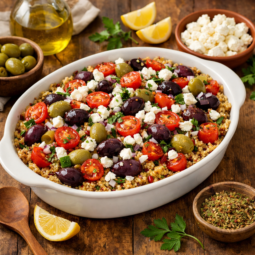 Mediterranean quinoa and vegetable bake with olives, tomatoes, and feta cheese.