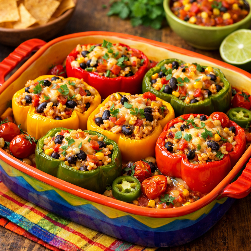 A colorful assortment of stuffed bell peppers filled with grains, beans, and cheese, freshly baked in a vibrant casserole dish.
