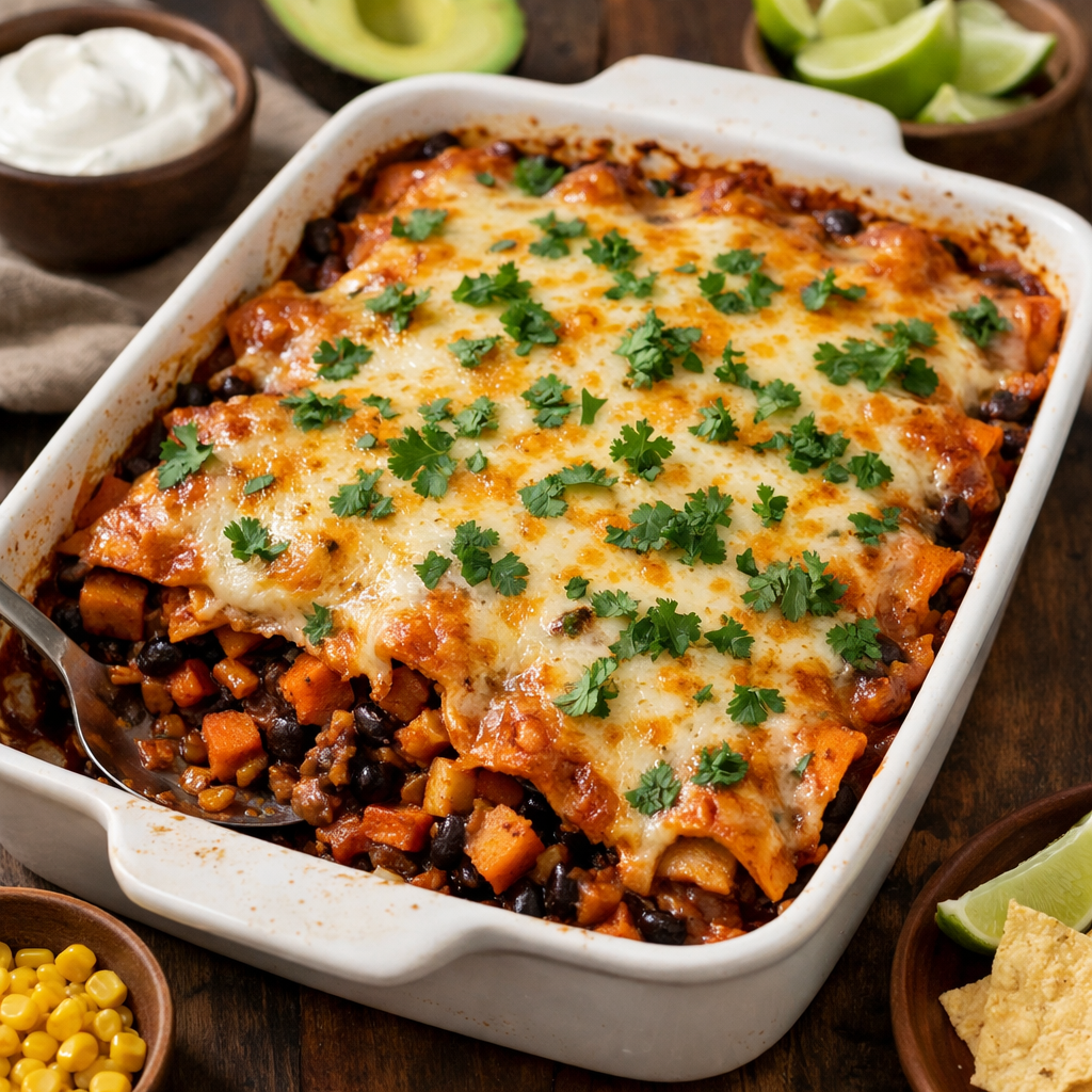 A delicious Sweet Potato and Black Bean Enchilada Casserole topped with cheese and cilantro, served with avocado and lime on the side.