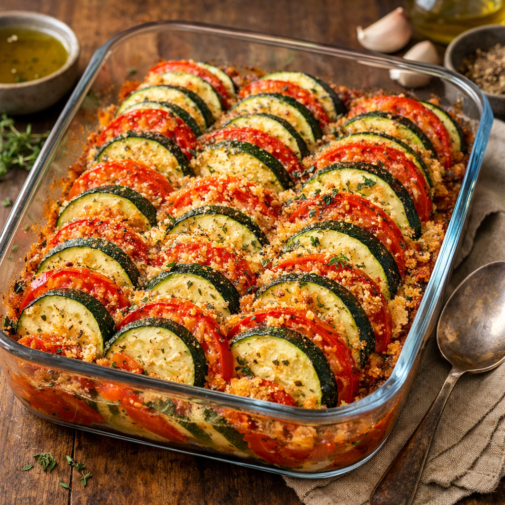 A delicious zucchini and tomato gratin in a glass dish, beautifully layered and topped with breadcrumbs.