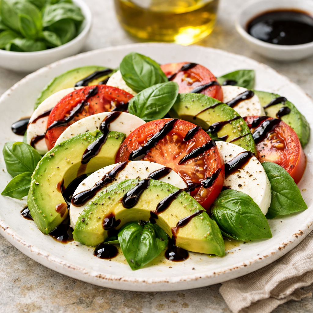 A beautiful Avocado Caprese Salad with layers of avocado, tomato, fresh mozzarella, and basil, drizzled with balsamic reduction.