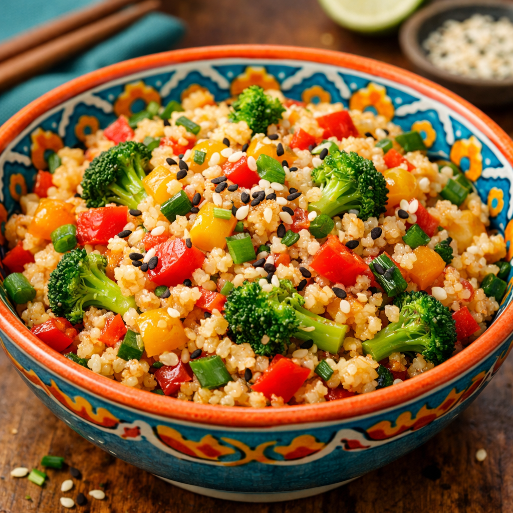 A colorful bowl of cauliflower rice stir-fry with bell peppers, broccoli, and green onions
