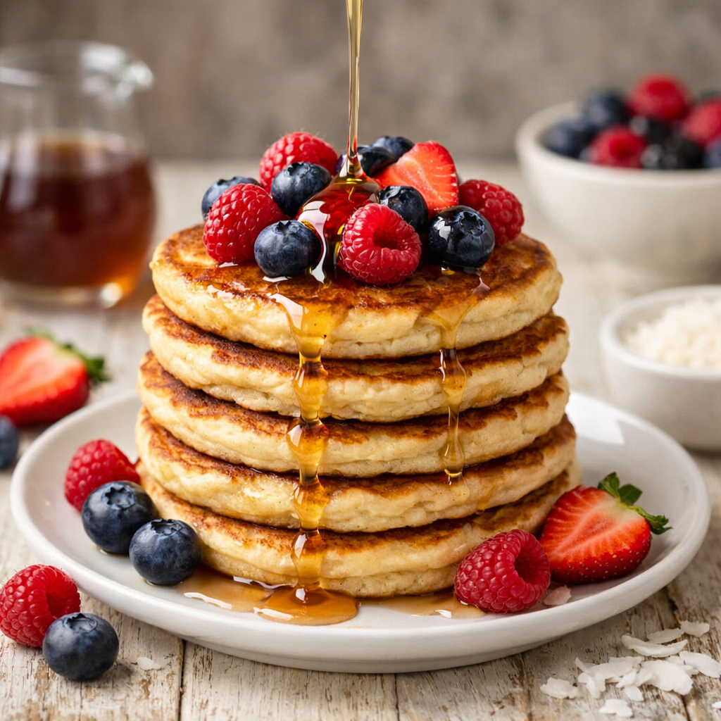 Stack of coconut flour pancakes topped with fresh berries and syrup on a plate