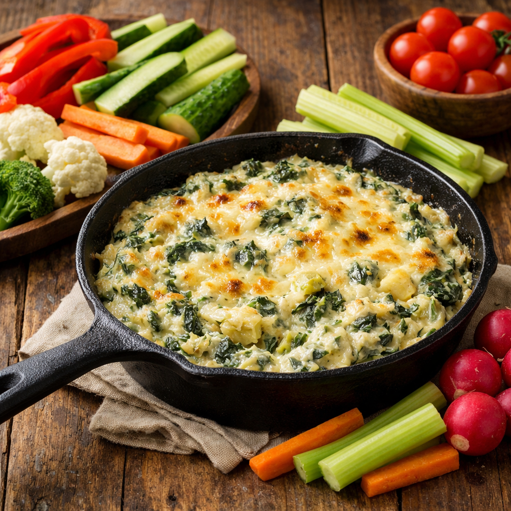 Creamy spinach and artichoke dip in a skillet with fresh vegetables on the side