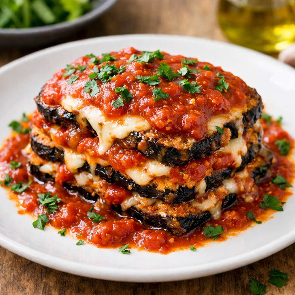 A plate of Eggplant Parmesan topped with marinara sauce and herbs