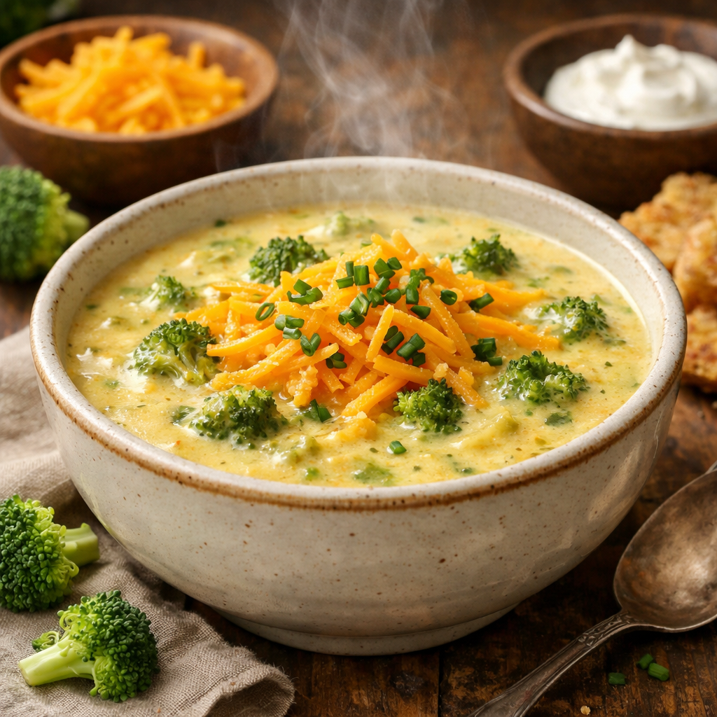 A steaming bowl of creamy broccoli cheddar soup topped with shredded cheese and chives on a wooden table.