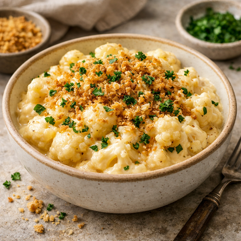 A bowl of keto cauliflower mac and cheese topped with breadcrumbs and parsley.