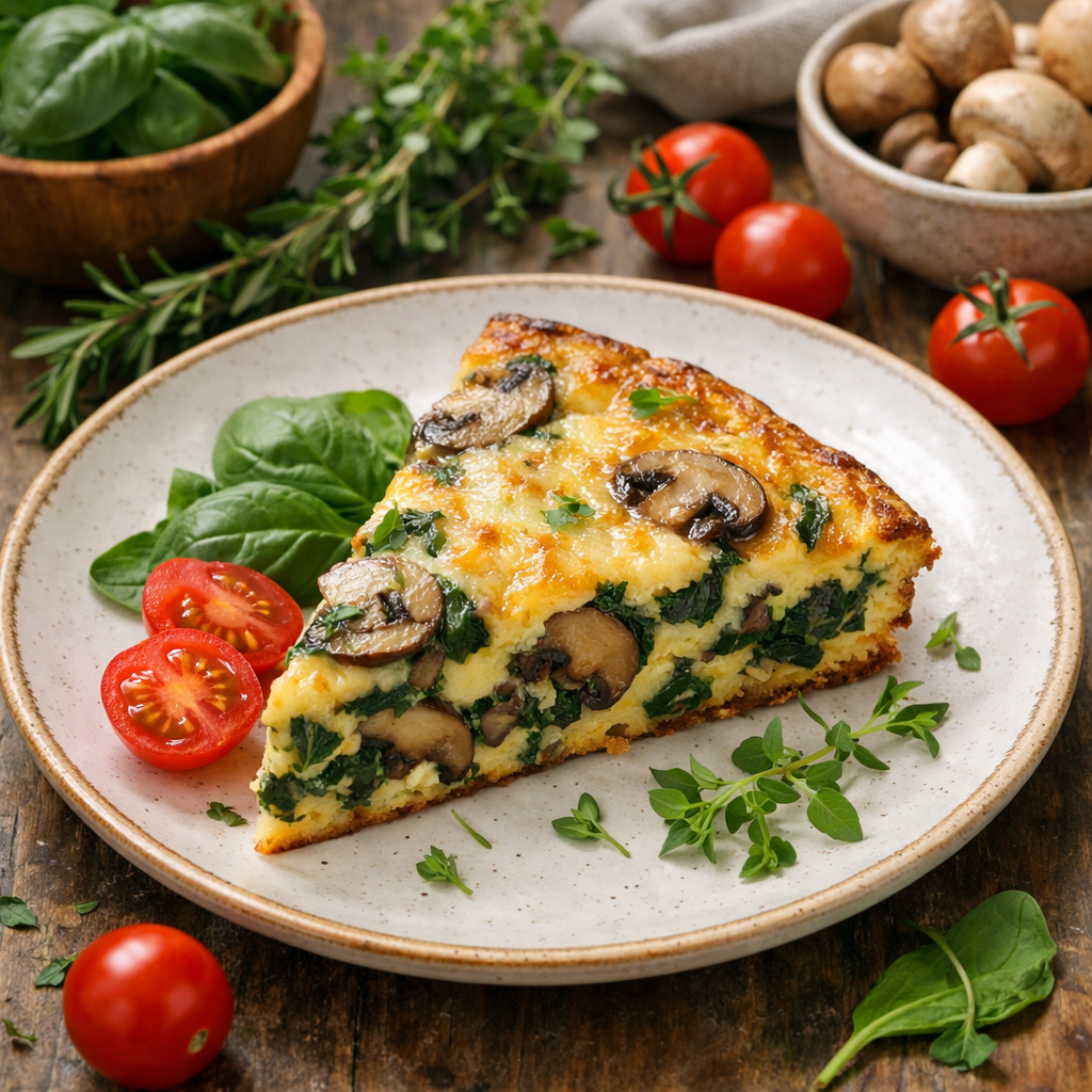 Slice of mushroom and spinach frittata served with cherry tomatoes and fresh herbs.
