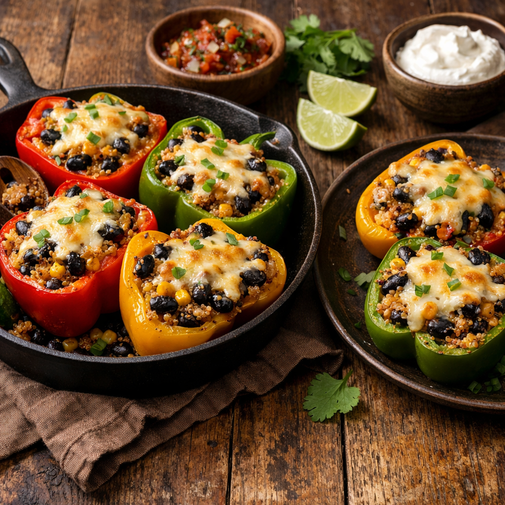 Stuffed bell peppers filled with quinoa, black beans, and cheese served on a rustic wooden table.