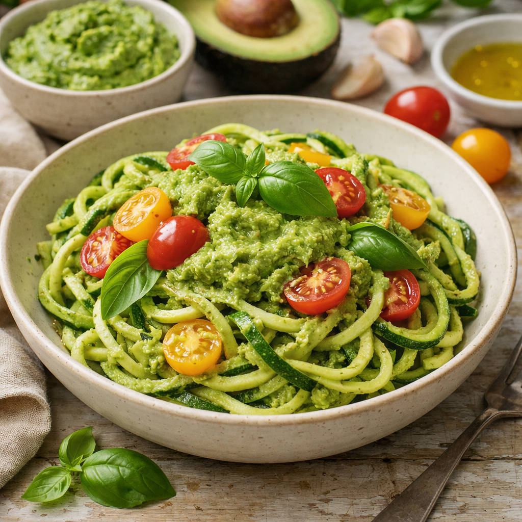 A bowl of zucchini noodles topped with avocado pesto and cherry tomatoes